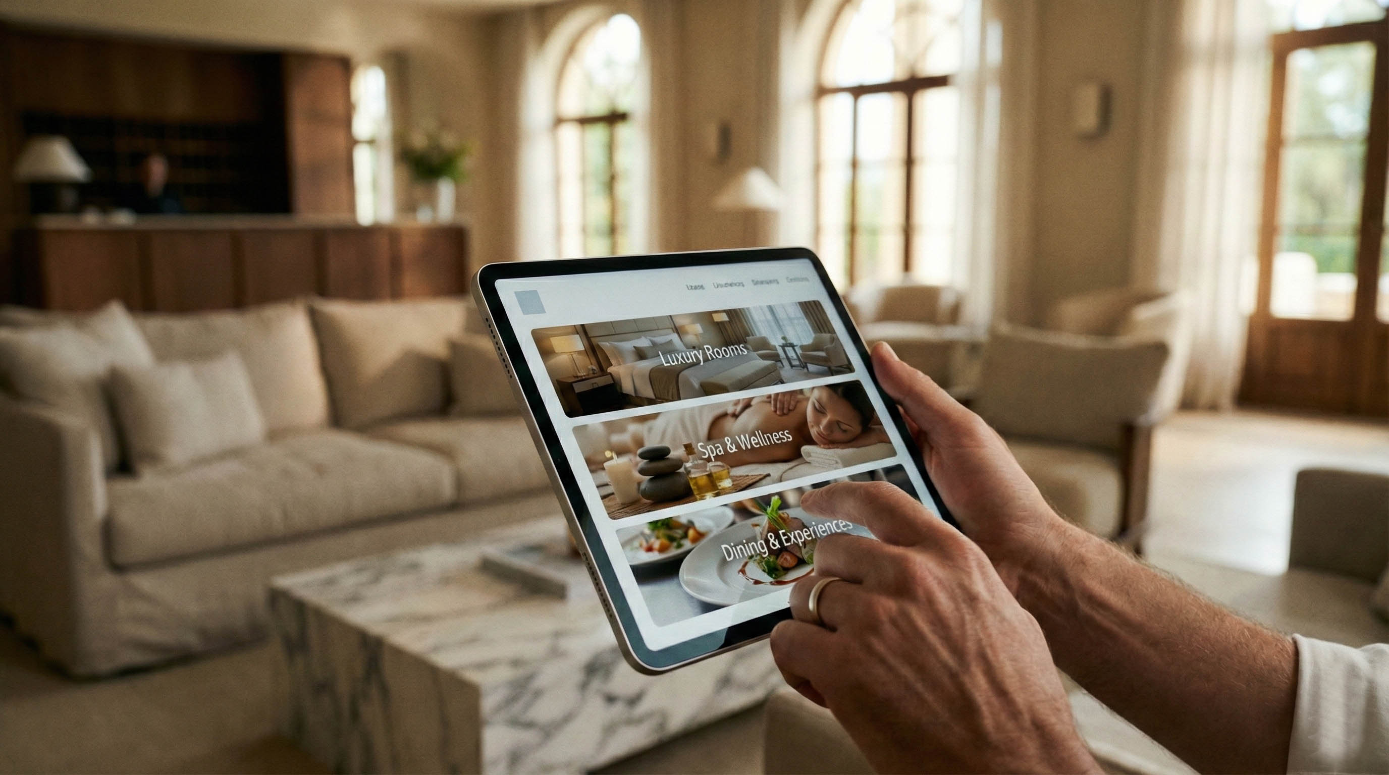Booking categories displayed on tablet in luxury lounge