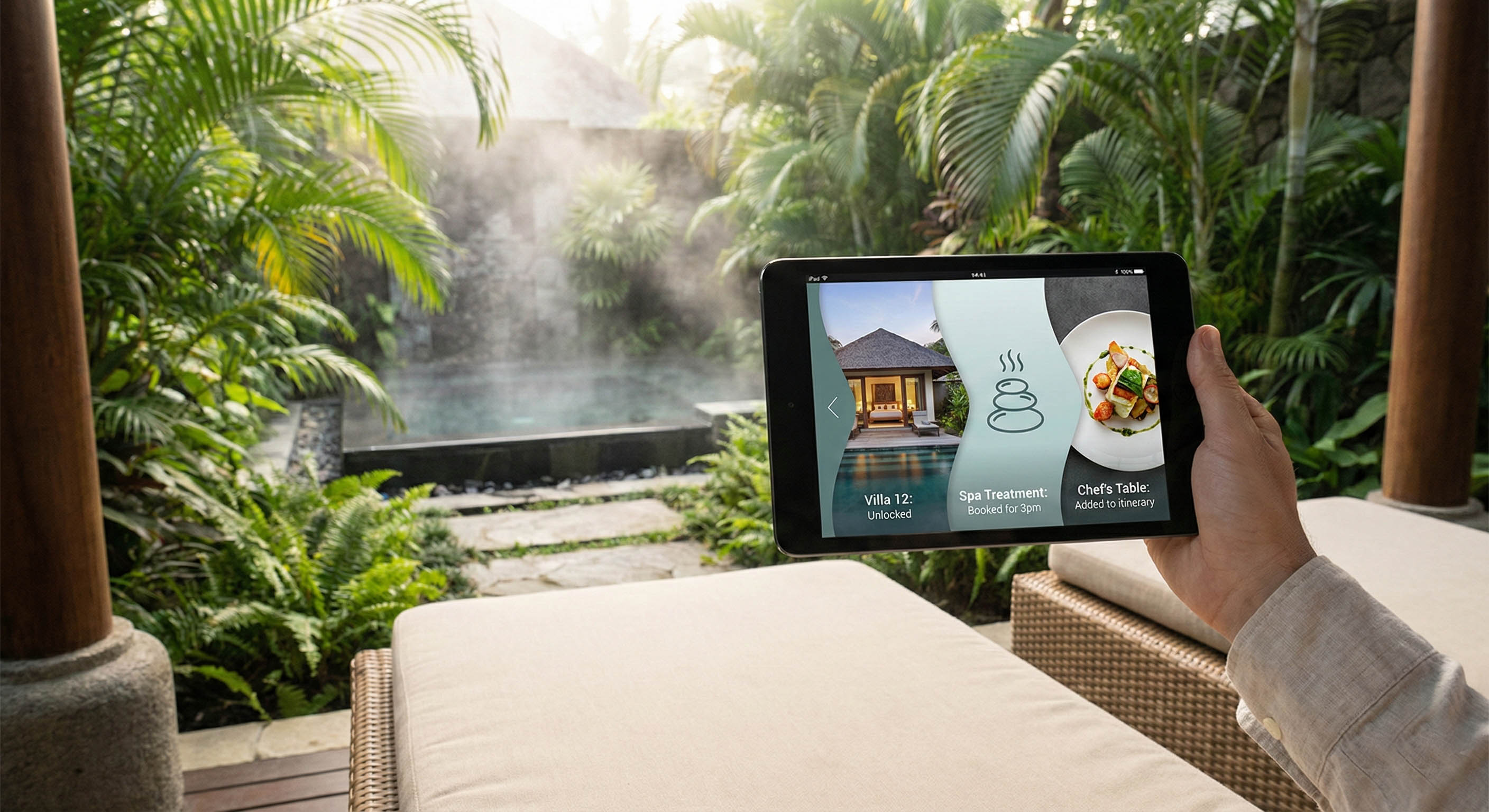 Guest viewing connected booking journey on tablet at resort