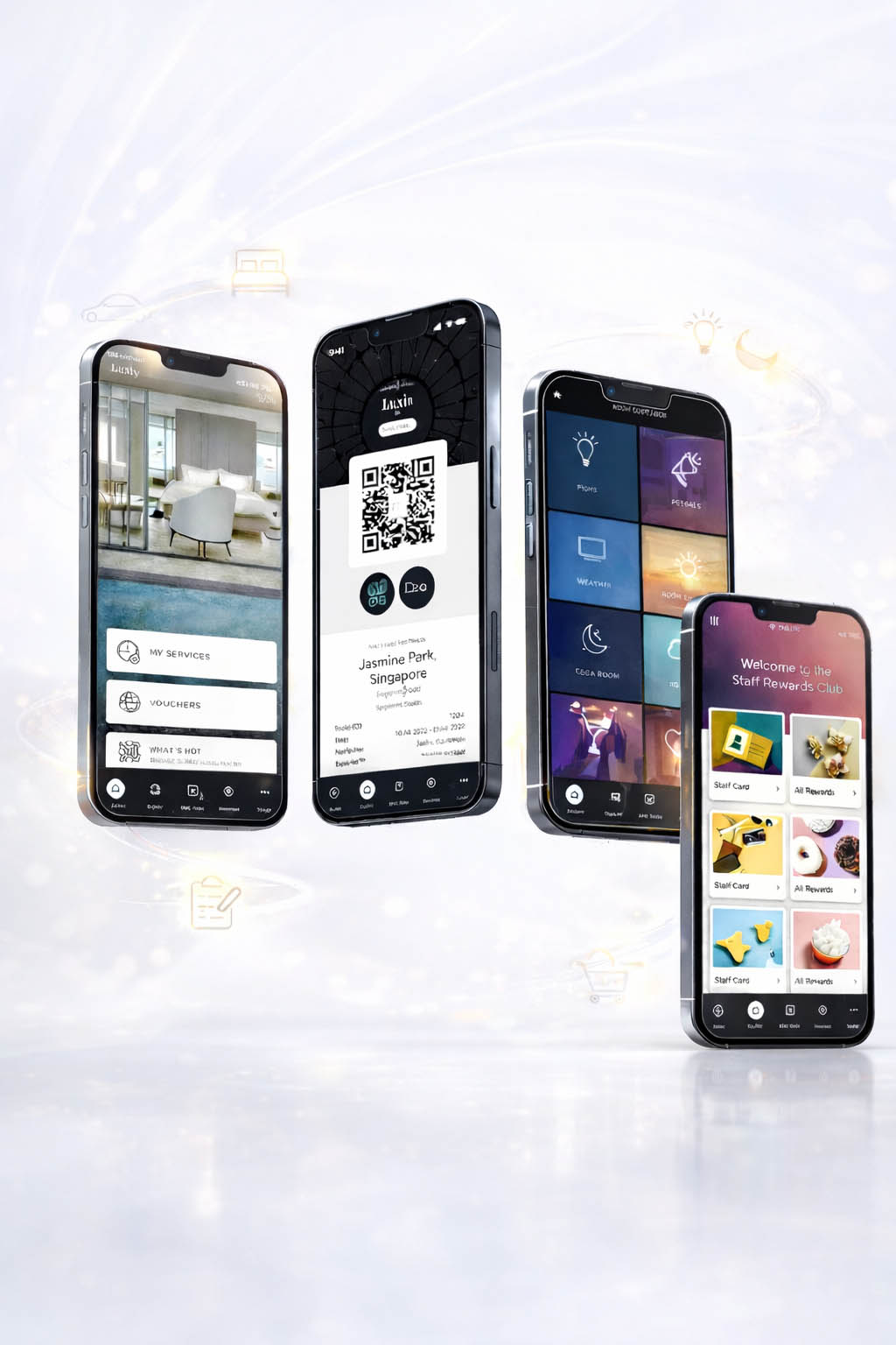 Priscilla mobile app screens showing room control, service requests, and staff management features