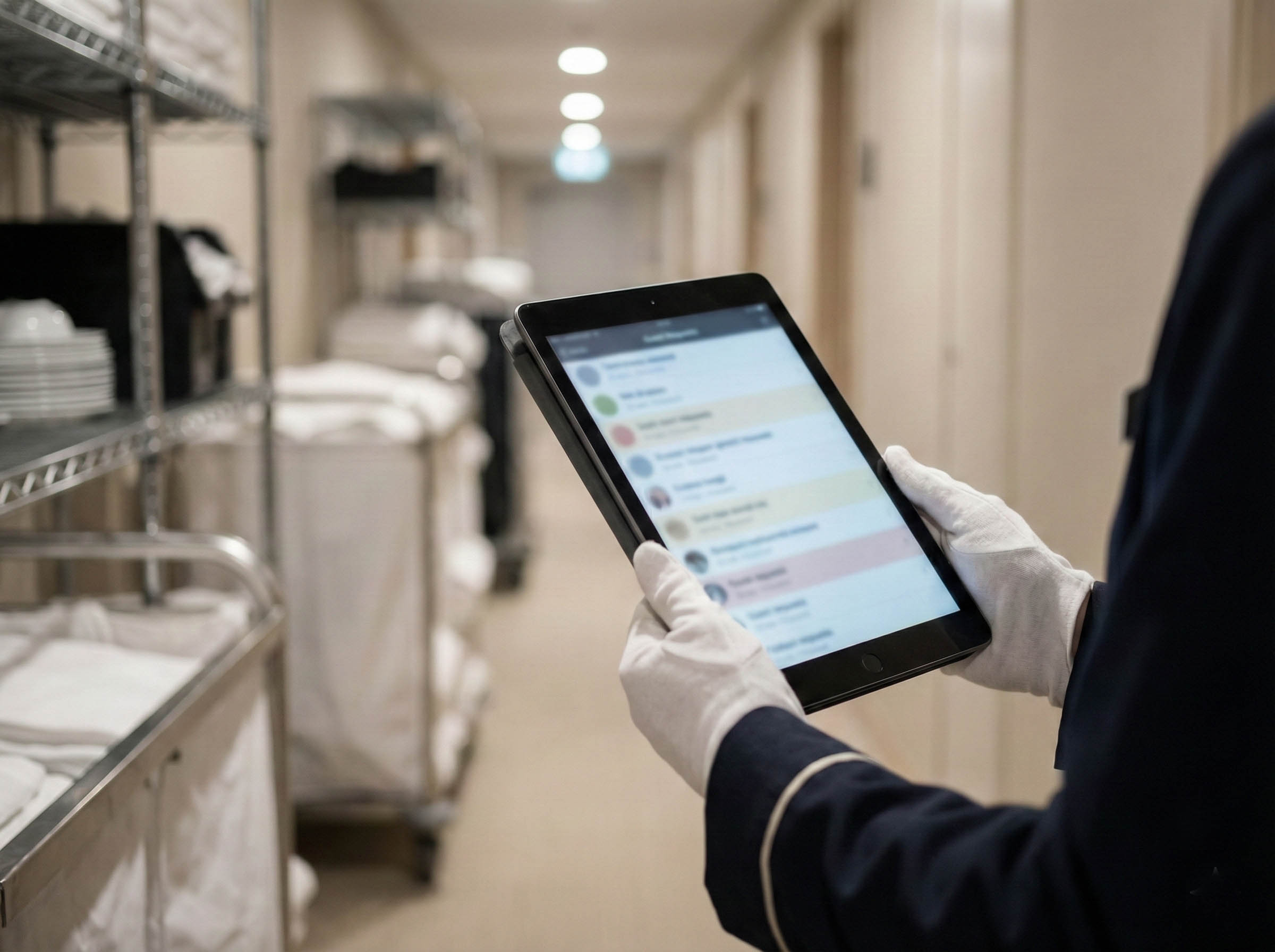 Hotel staff member reviewing guest requests on tablet